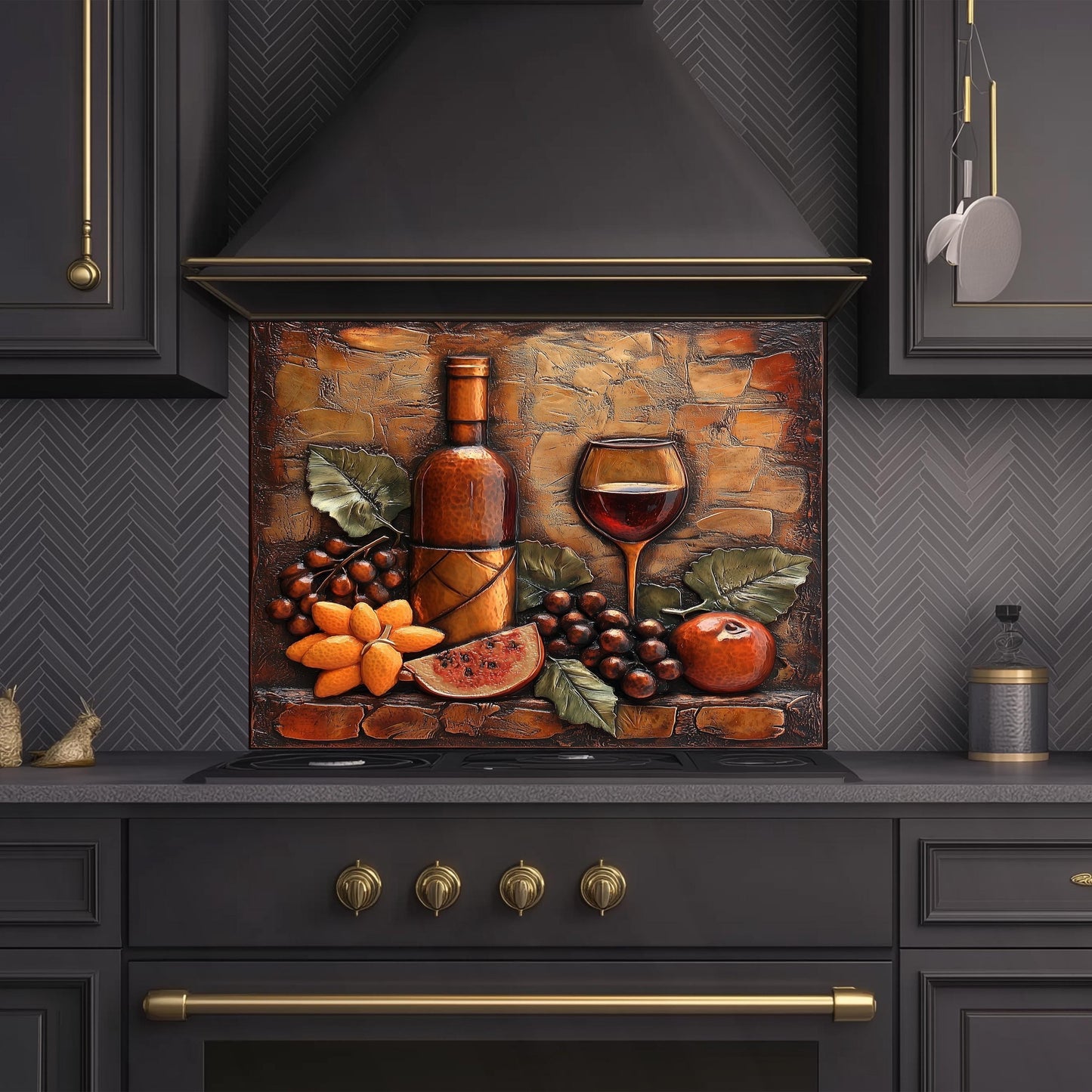 Wine-Themed Tempered Glass Kitchen Backsplash: Stove Area Art