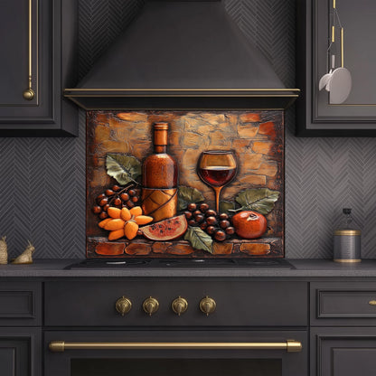 Wine-Themed Tempered Glass Kitchen Backsplash: Stove Area Art