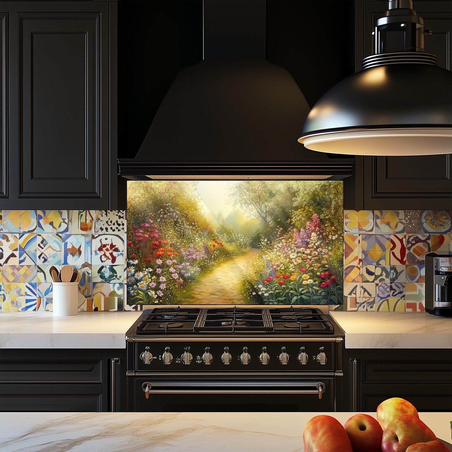 Floral Tempered Glass Kitchen Backsplash, Heat Resistant Wall Art, Custom Size Design