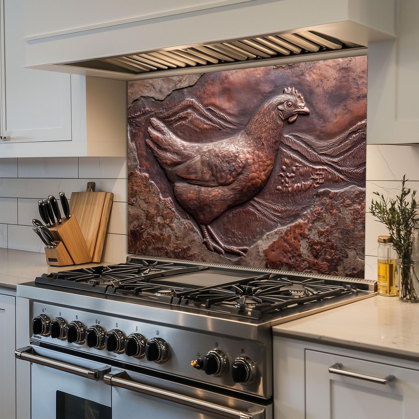 Copper Chicken Backsplash: Rustic Farmhouse Tempered Glass Stove Panel