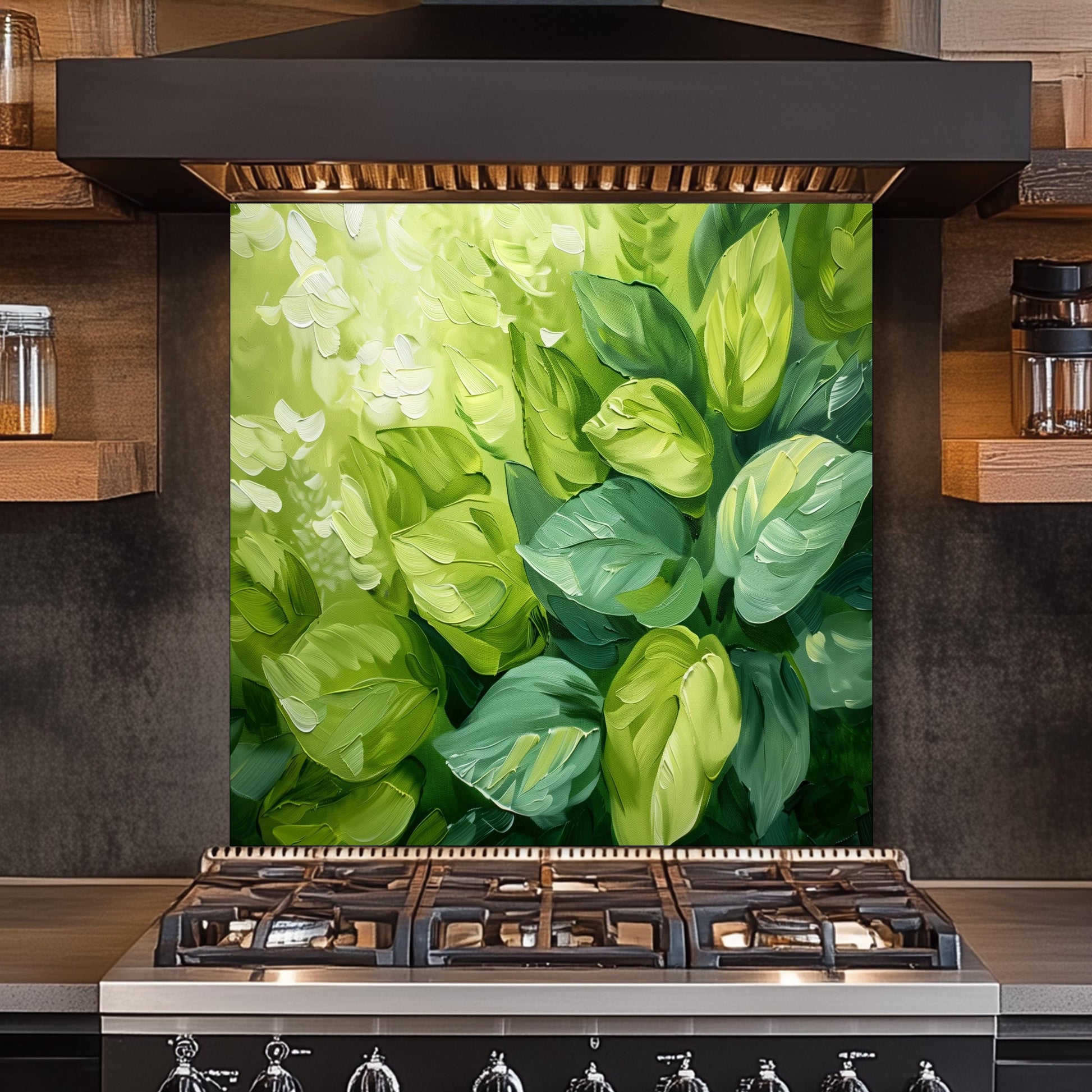 Green Leaf Glass Backsplash, Botanical Nature Stove Guard, Custom Size Kitchen Art