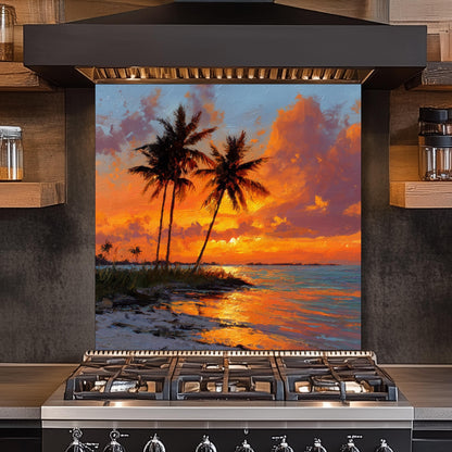 Tropical Palm Sunset Glass Backsplash – Coastal Kitchen Wall Art