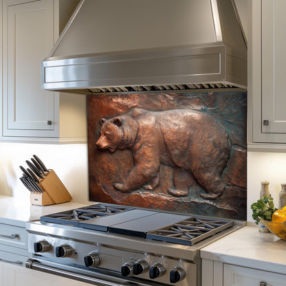 Rustic Copper Bear Backsplash: Tempered Glass Lodge Kitchen Decor