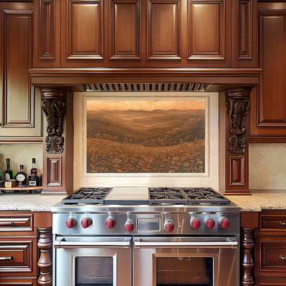 Tempered glass kitchen backsplash, copper effect landscape, heat-resistant wall protector, rustic wildflower art, easy clean stove backsplash, kitchen wall protector, nature kitchen decor