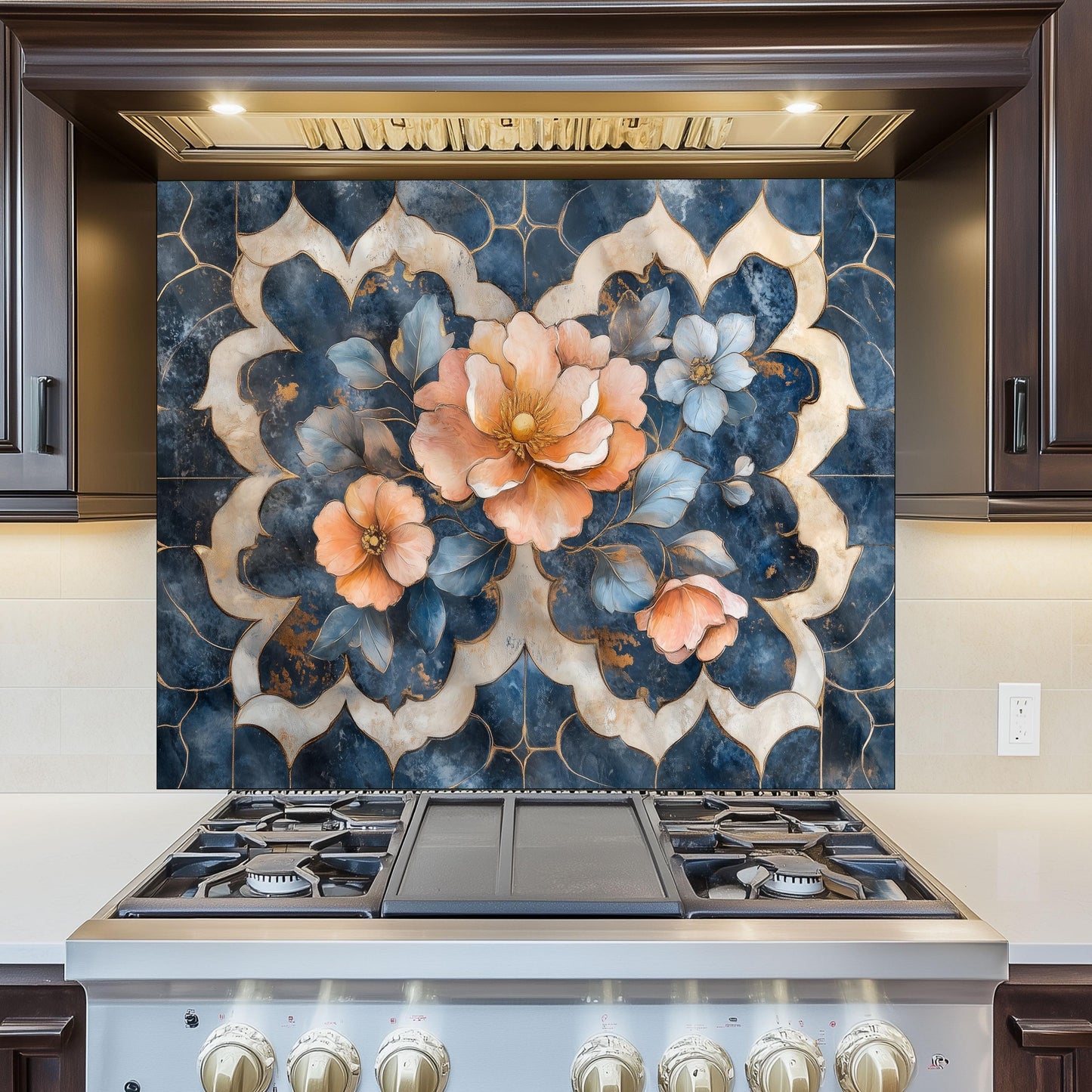 Moroccan Floral Glass Backsplash, Blue Geometric Stove Guard, Heat Resistant Easy Clean Kitchen Art