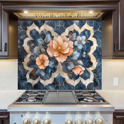 Moroccan Floral Glass Backsplash, Blue Geometric Stove Guard, Heat Resistant Easy Clean Kitchen Art