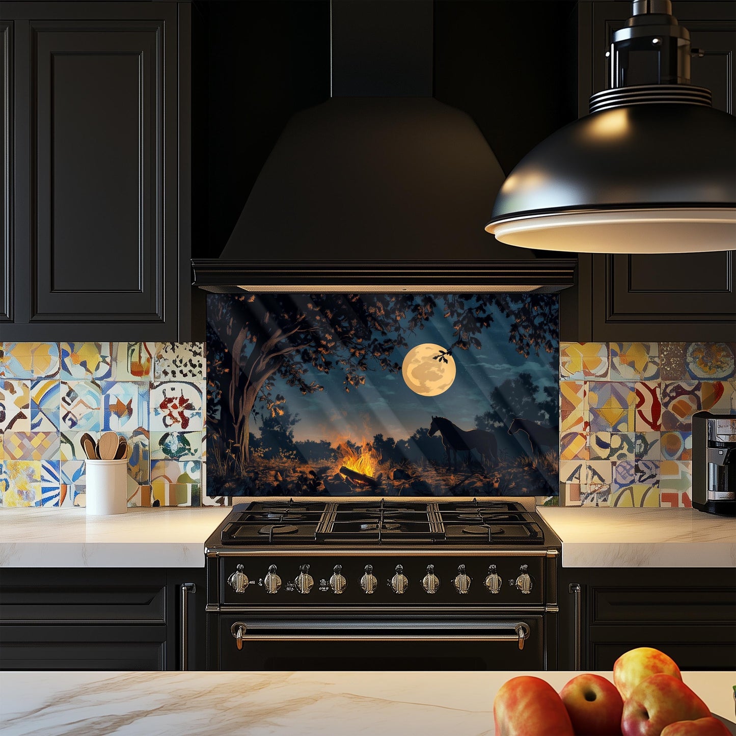 Night Horse Tempered Glass Kitchen Backsplash: Heat Resistant Stove Art
