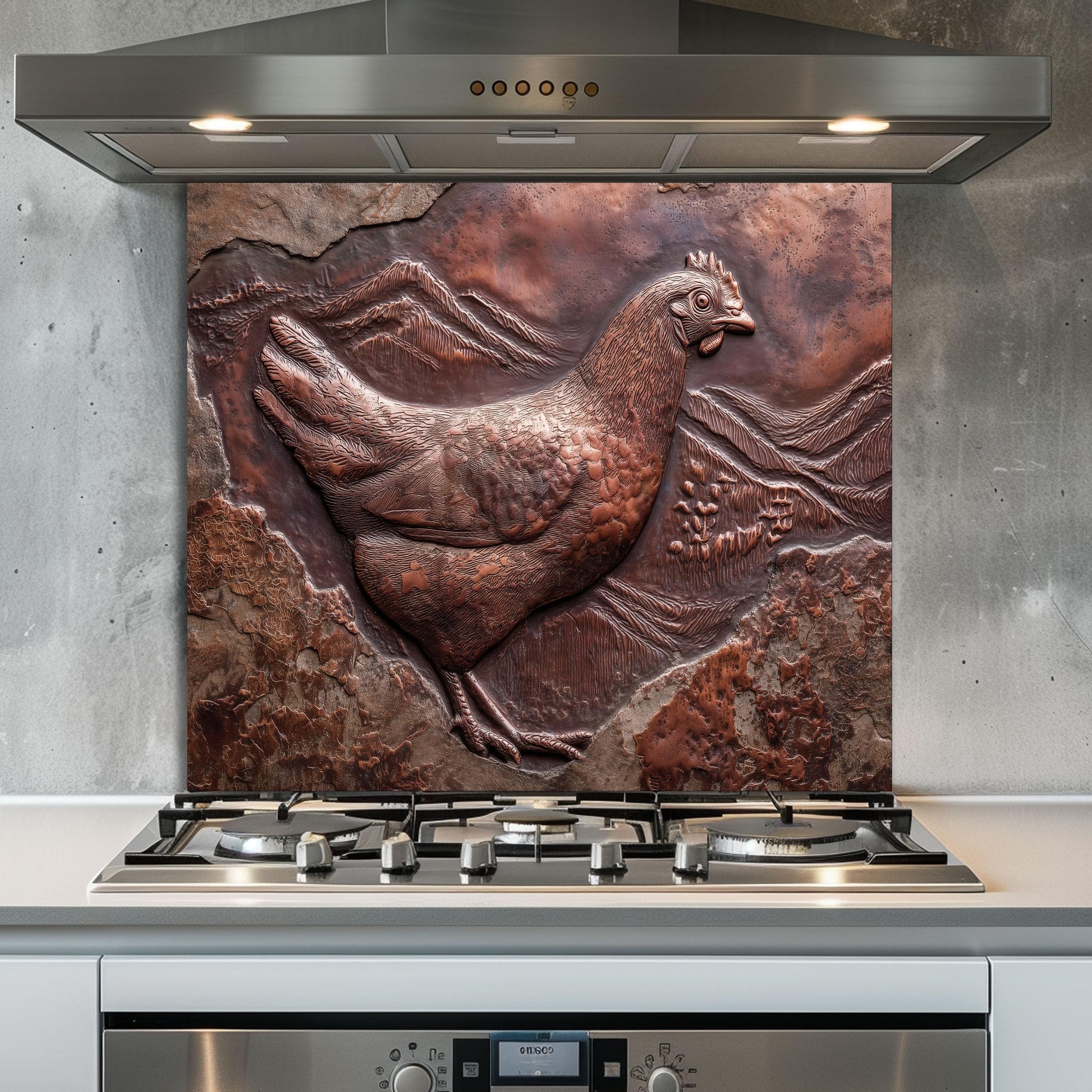 Copper Chicken Backsplash: Rustic Farmhouse Tempered Glass Stove Panel