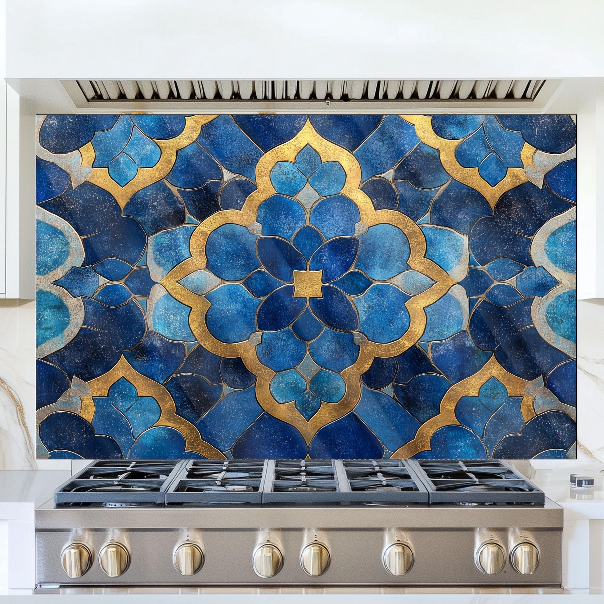Moroccan Style Glass Backsplash, Blue Geometric Stove Guard, Heat Resistant Easy Clean Kitchen Art
