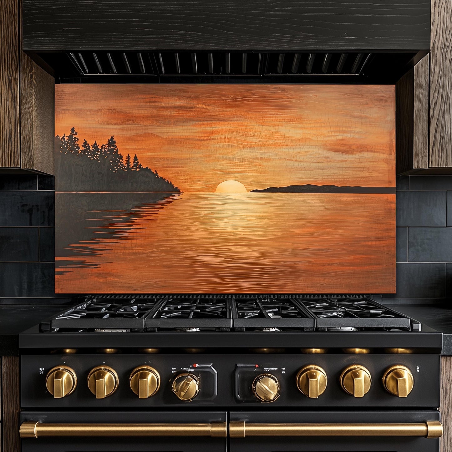 Sunset Ocean Glass Backsplash, Golden Sea Landscape Stove Guard, Heat Resistant Easy Clean Art