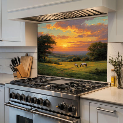Sunset Pasture Kitchen Backsplash, Horse Landscape Tempered Glass Art, Custom Size Design