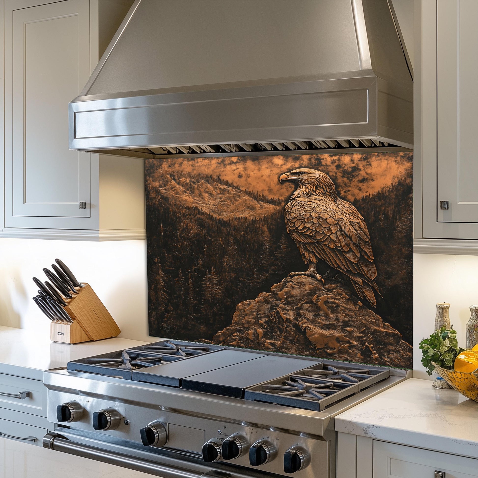 Tempered glass kitchen backsplash, Bald Eagle mountain design, heat-resistant wall protector, copper effect kitchen decor, easy clean stove backsplash, nature-inspired decor, wildlife wall protector