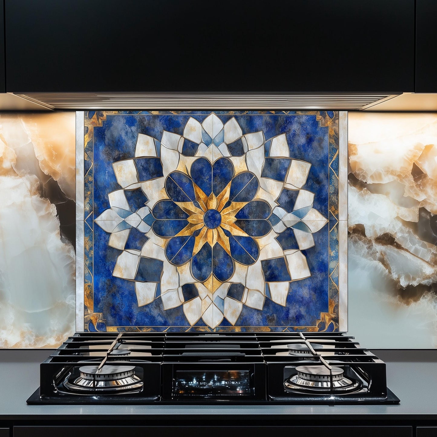 Moroccan Style Glass Backsplash, Ornate Pattern Stove Guard, Heat Resistant Easy Clean Kitchen Art