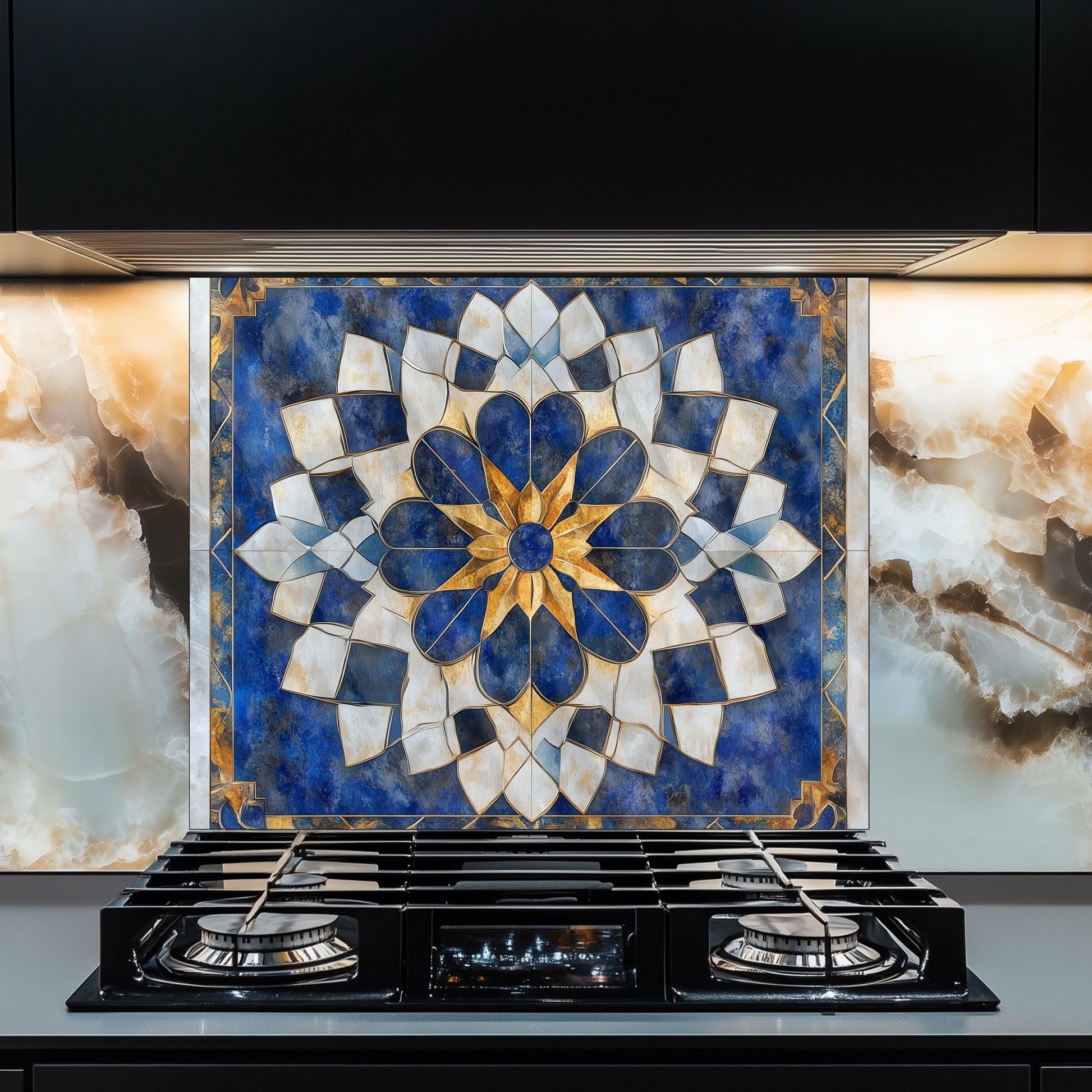 Moroccan Style Glass Backsplash, Ornate Pattern Stove Guard, Heat Resistant Easy Clean Kitchen Art