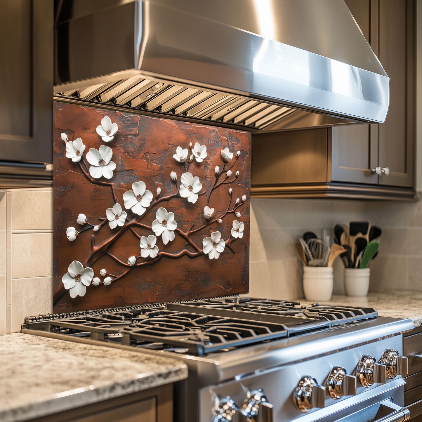 Tempered Glass Kitchen Backsplash: Copper Cherry Blossom Design
