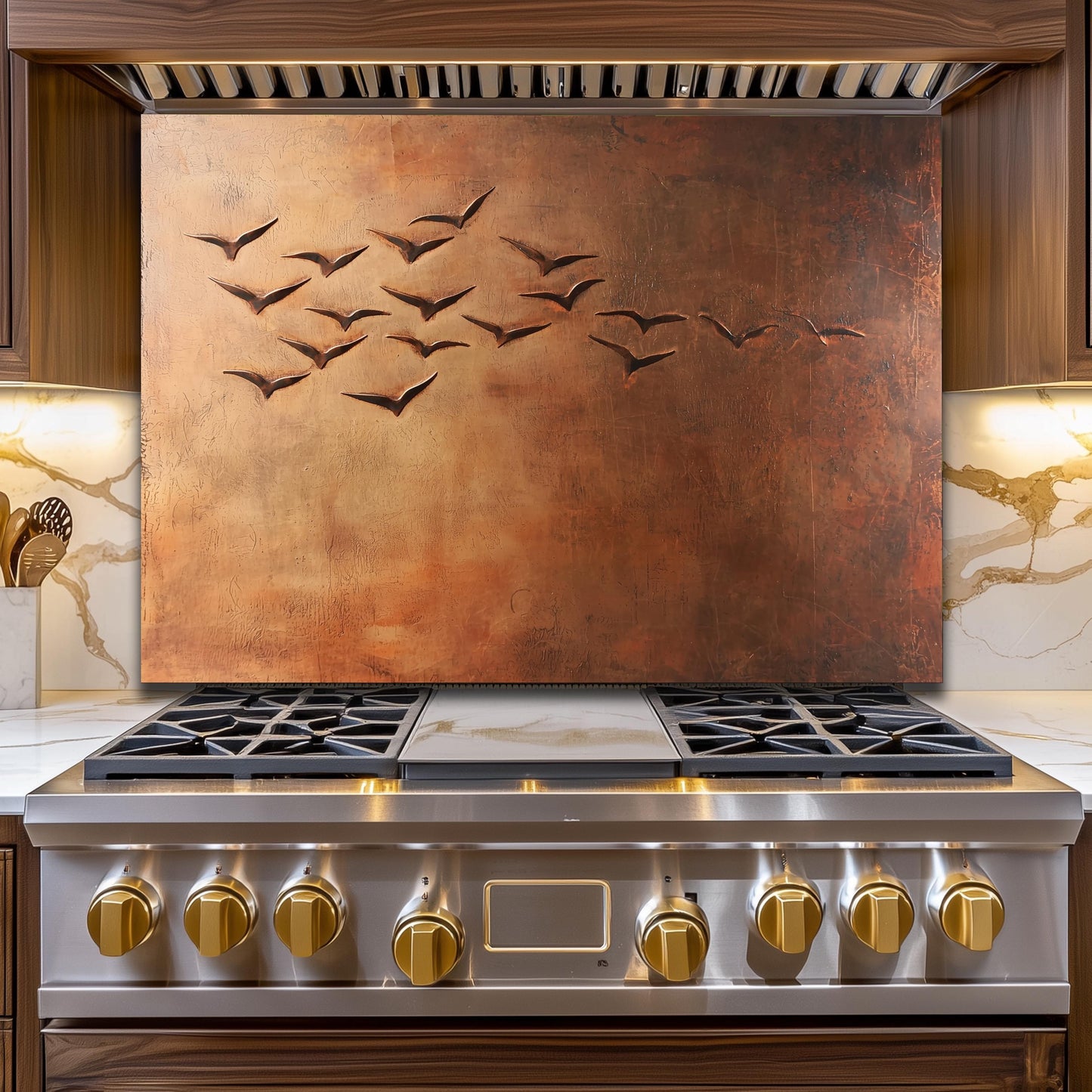 Copper Heron Tempered Glass Kitchen Backsplash: Rustic Bird Art