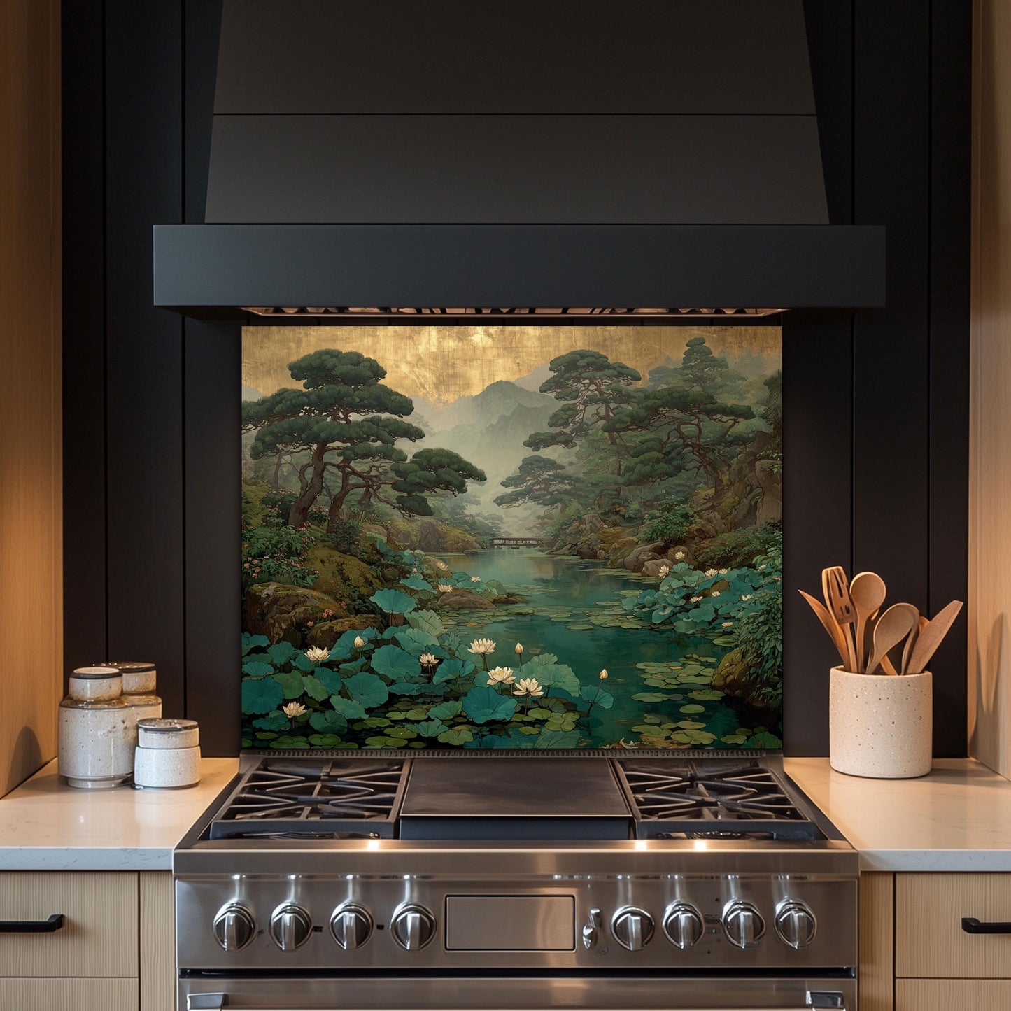 Zen Garden Glass Backsplash, Lotus Pond Kitchen Decor, Japanese Nature Stove Guard, Wall Panel