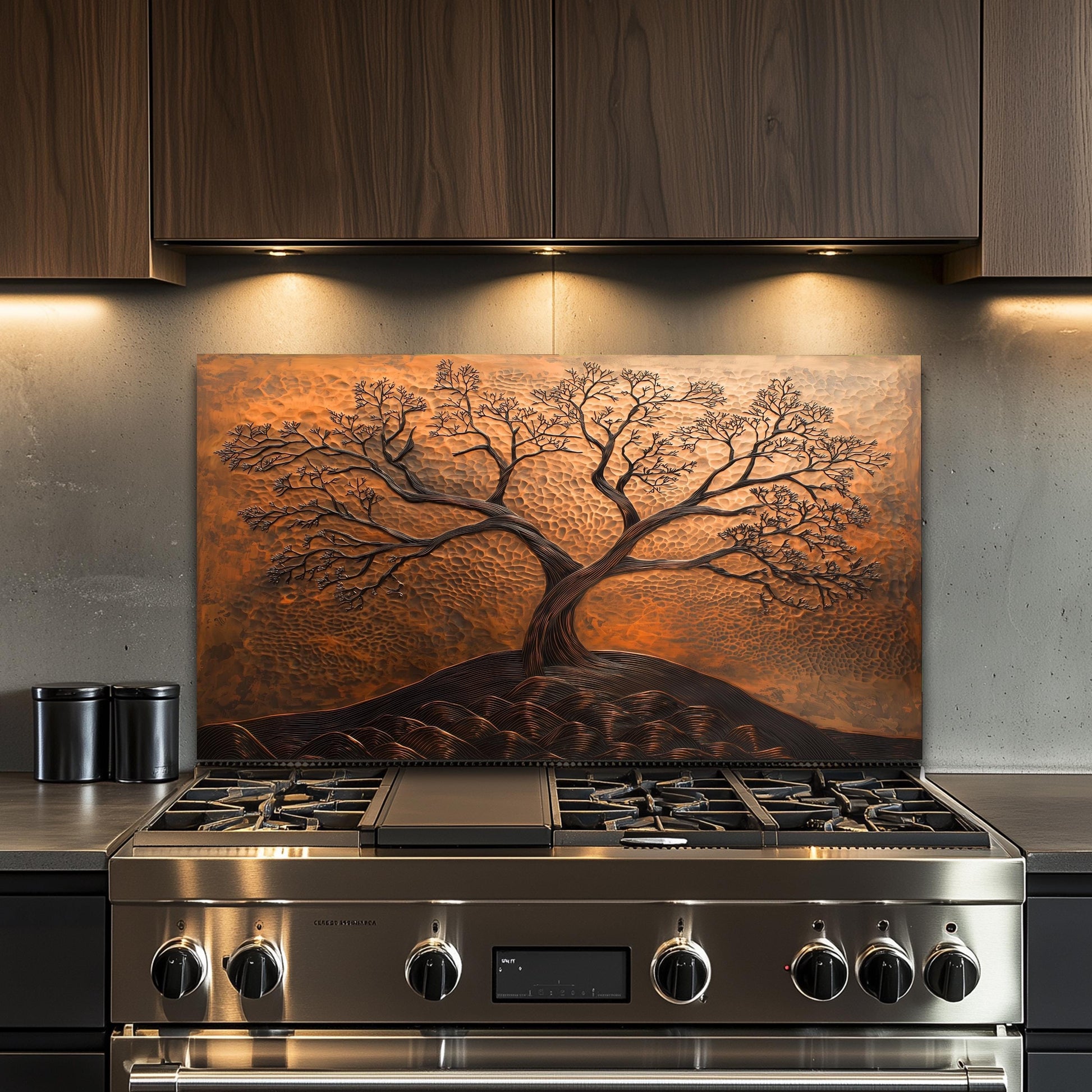 Tree of Life Tempered Glass Kitchen Backsplash: Copper Effect
