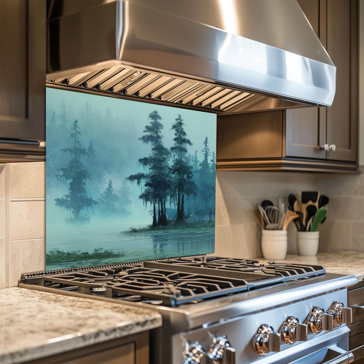 Misty Cypress Swamp Tempered Glass Backsplash - Foggy Lake Kitchen Splashback