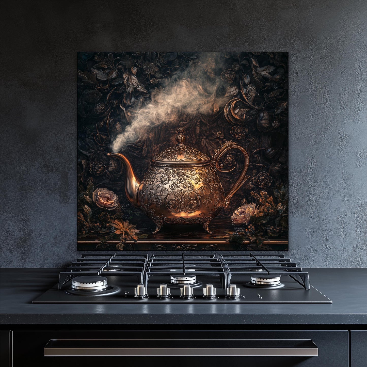 Tempered glass backsplash with a vineyard design, featuring grape leaves and rustic charm. Heat-resistant and easy to clean, this kitchen panel protects while enhancing farmhouse decor.