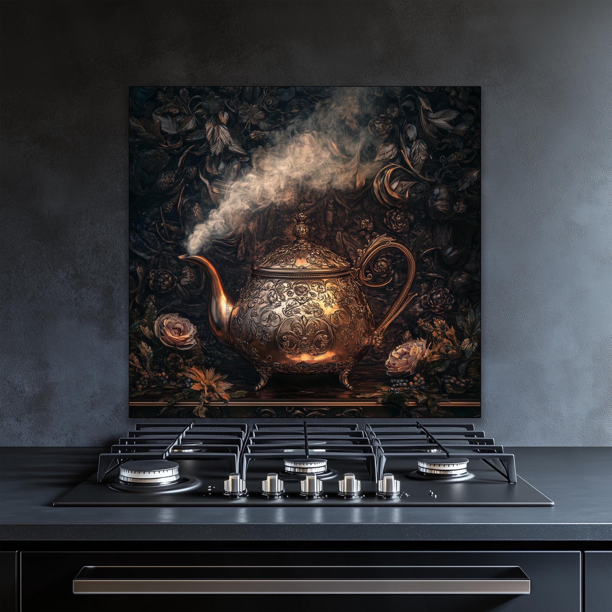 Tempered glass backsplash with a vineyard design, featuring grape leaves and rustic charm. Heat-resistant and easy to clean, this kitchen panel protects while enhancing farmhouse decor.