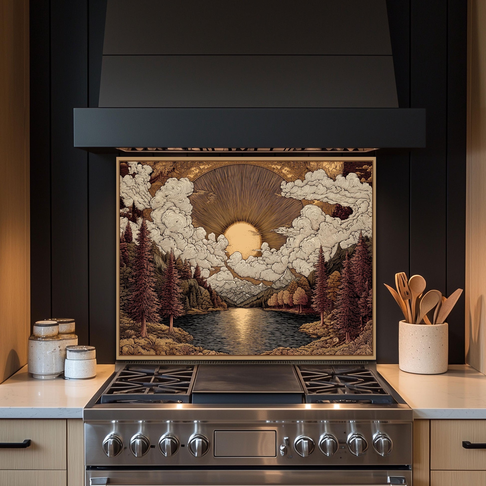 Tempered Glass Kitchen Backsplash: Mountain Sunrise Landscape, Heat-Resistant