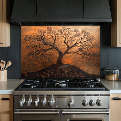 Tree of Life Tempered Glass Kitchen Backsplash: Copper Effect