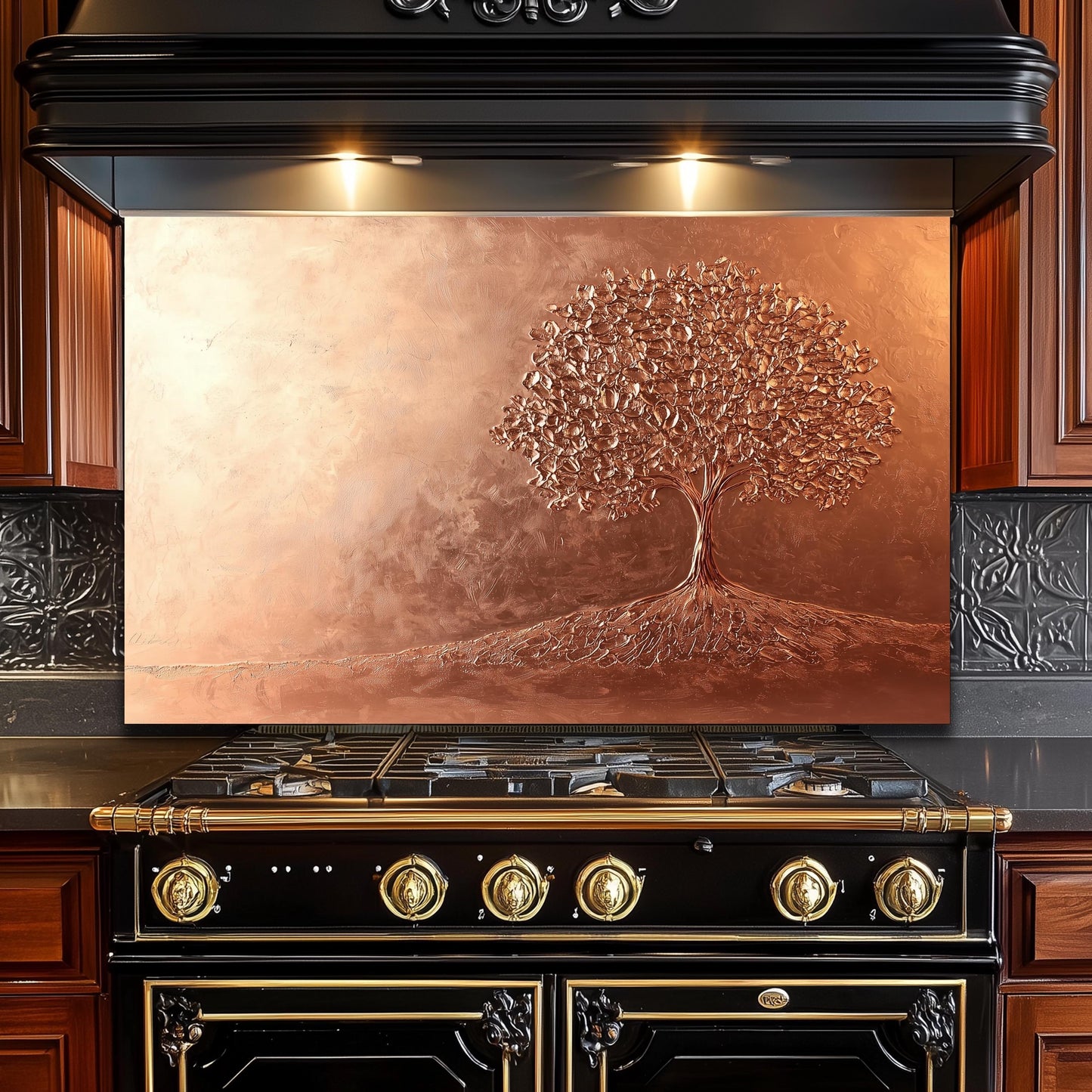 Tree of Life Tempered Glass Backsplash: Rustic Copper Kitchen Panel