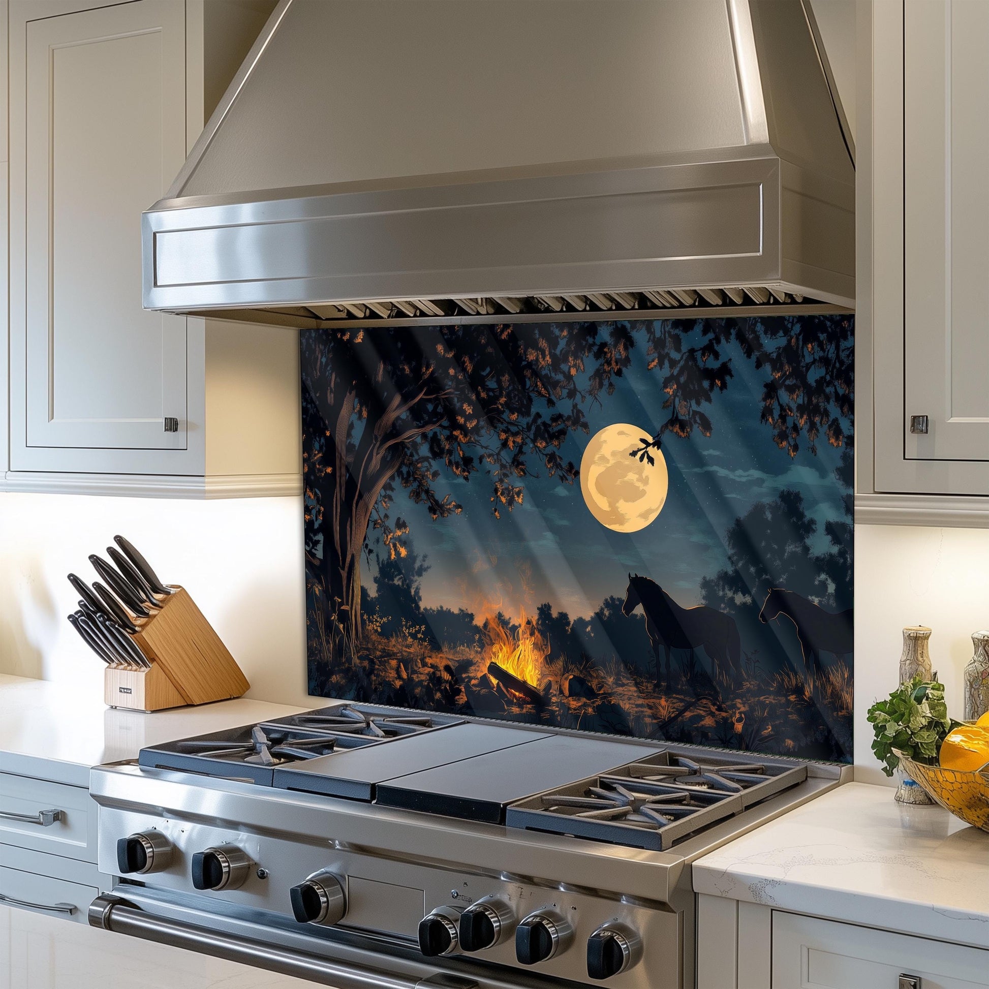 Night Horse Tempered Glass Kitchen Backsplash: Heat Resistant Stove Art