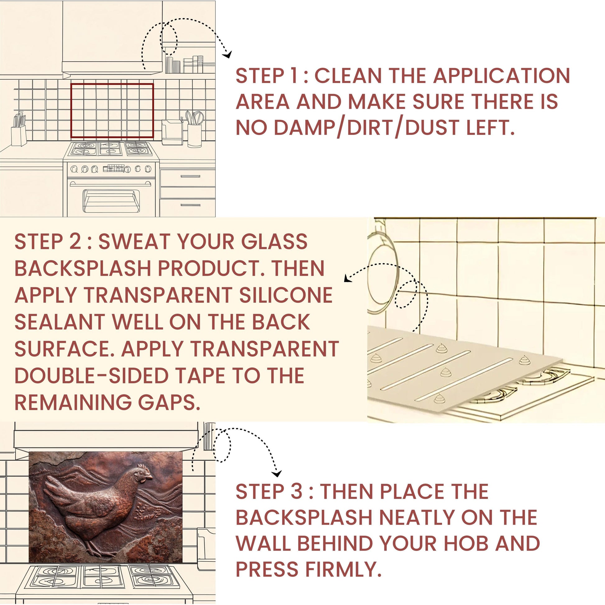 Copper Chicken Backsplash: Rustic Farmhouse Tempered Glass Stove Panel