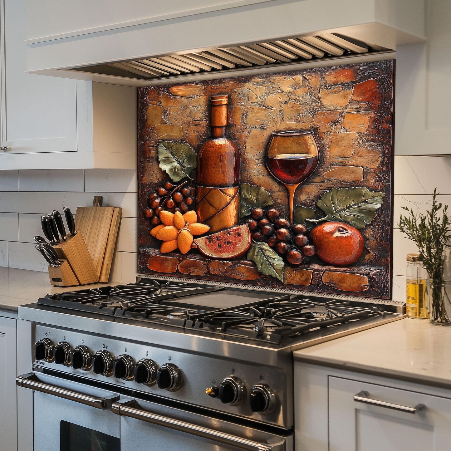 Wine-Themed Tempered Glass Kitchen Backsplash: Stove Area Art