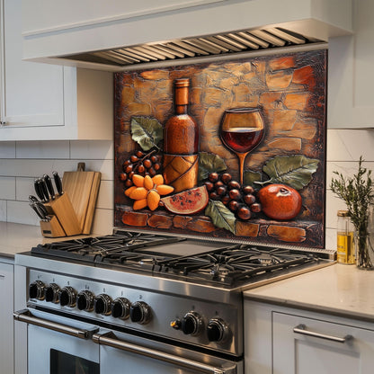 Wine-Themed Tempered Glass Kitchen Backsplash: Stove Area Art