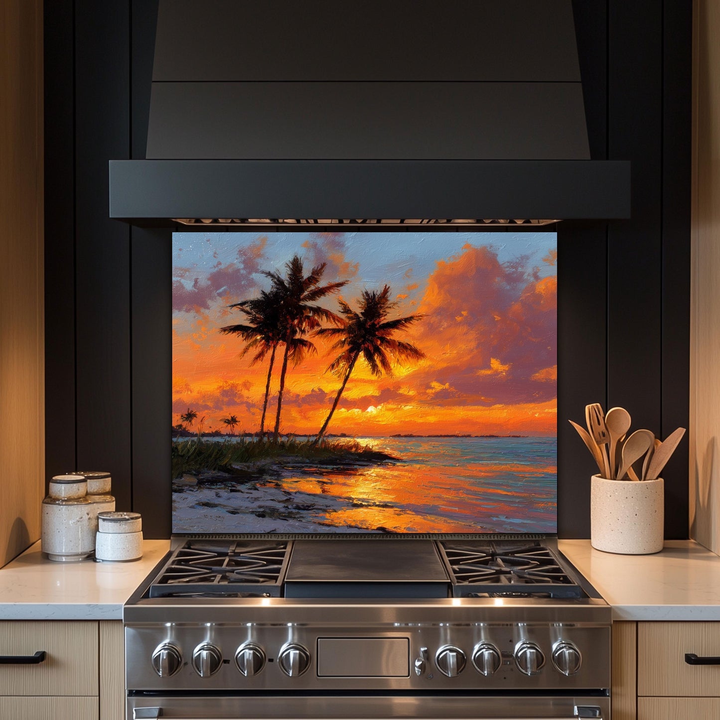 Tropical Palm Sunset Glass Backsplash – Coastal Kitchen Wall Art
