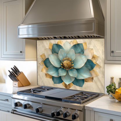 Moroccan Floral Glass Backsplash, Blue Geometric Stove Guard, Heat Resistant Easy Clean Kitchen Art