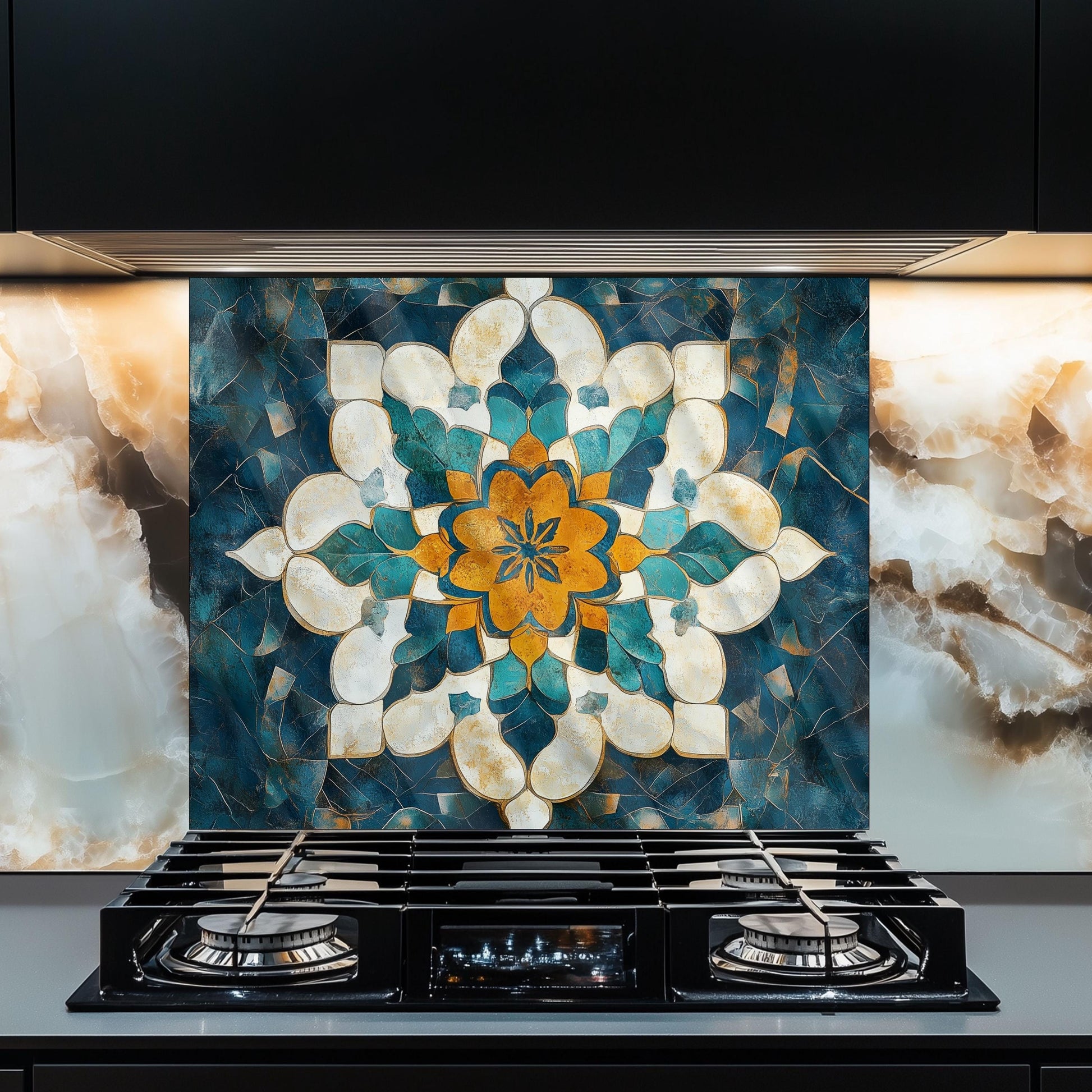 Moroccan Style Glass Backsplash, Blue Geometric Stove Guard, Heat Resistant Easy Clean Kitchen Art