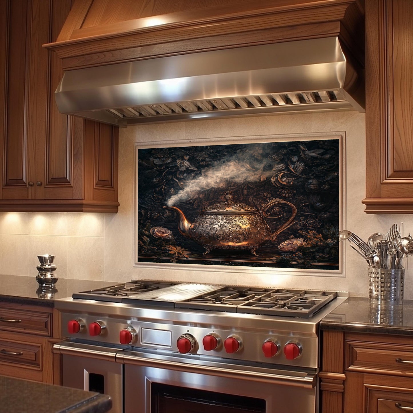 Rustic vineyard kitchen backsplash with grape and leaf details on tempered glass. Heat-resistant and easy to clean, an ideal wall protector for farmhouse or rustic kitchens.