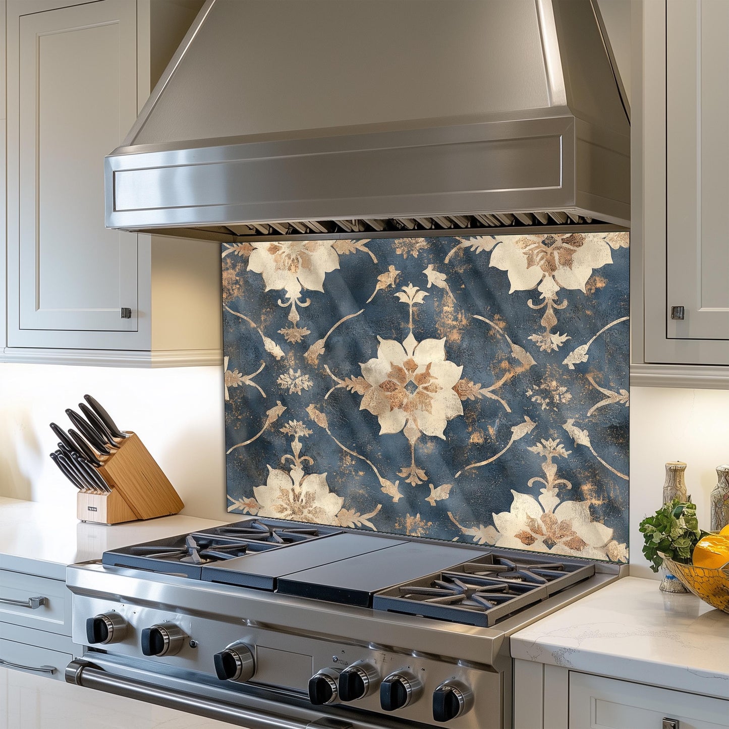 Moroccan Style Glass Backsplash, Blue Geometric Stove Guard, Heat Resistant Easy Clean Kitchen Art
