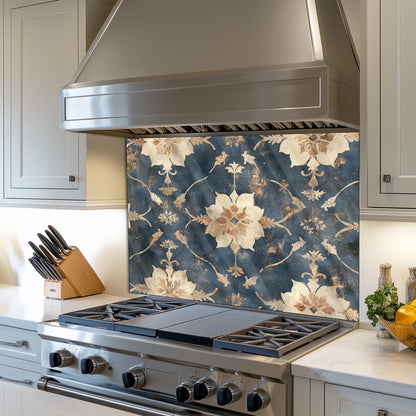 Moroccan Style Glass Backsplash, Blue Geometric Stove Guard, Heat Resistant Easy Clean Kitchen Art