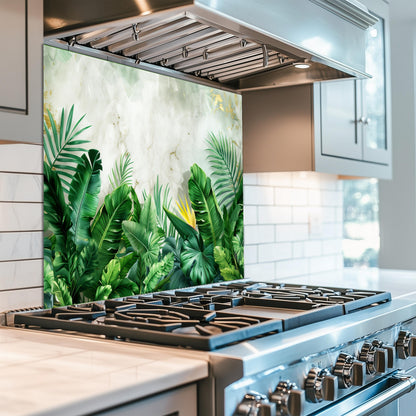 Tropical Banana Leaf Tempered Glass Backsplash: Marble & Gold Kitchen Wall Art