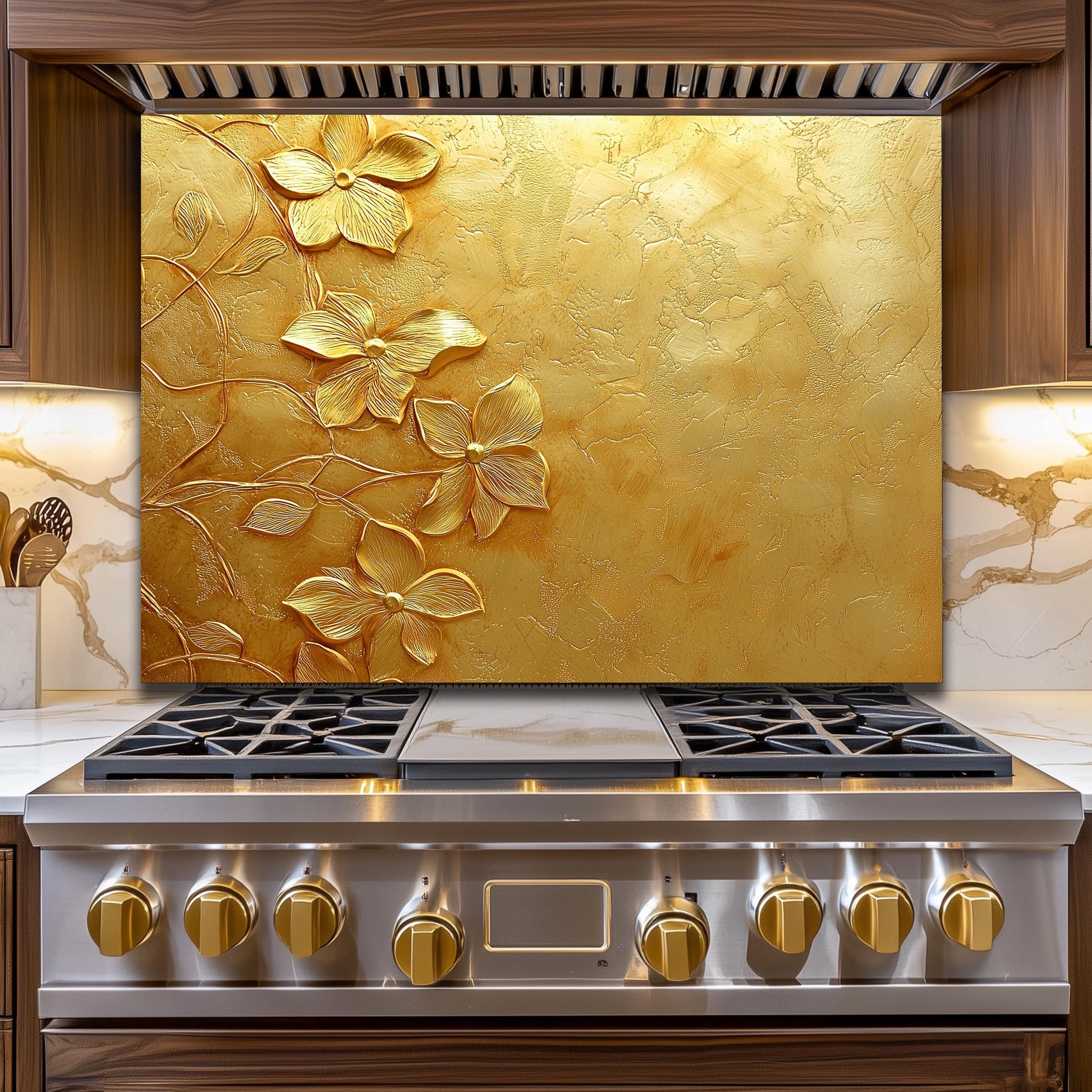 Golden Floral Tempered Glass Backsplash: Rustic Kitchen Decor