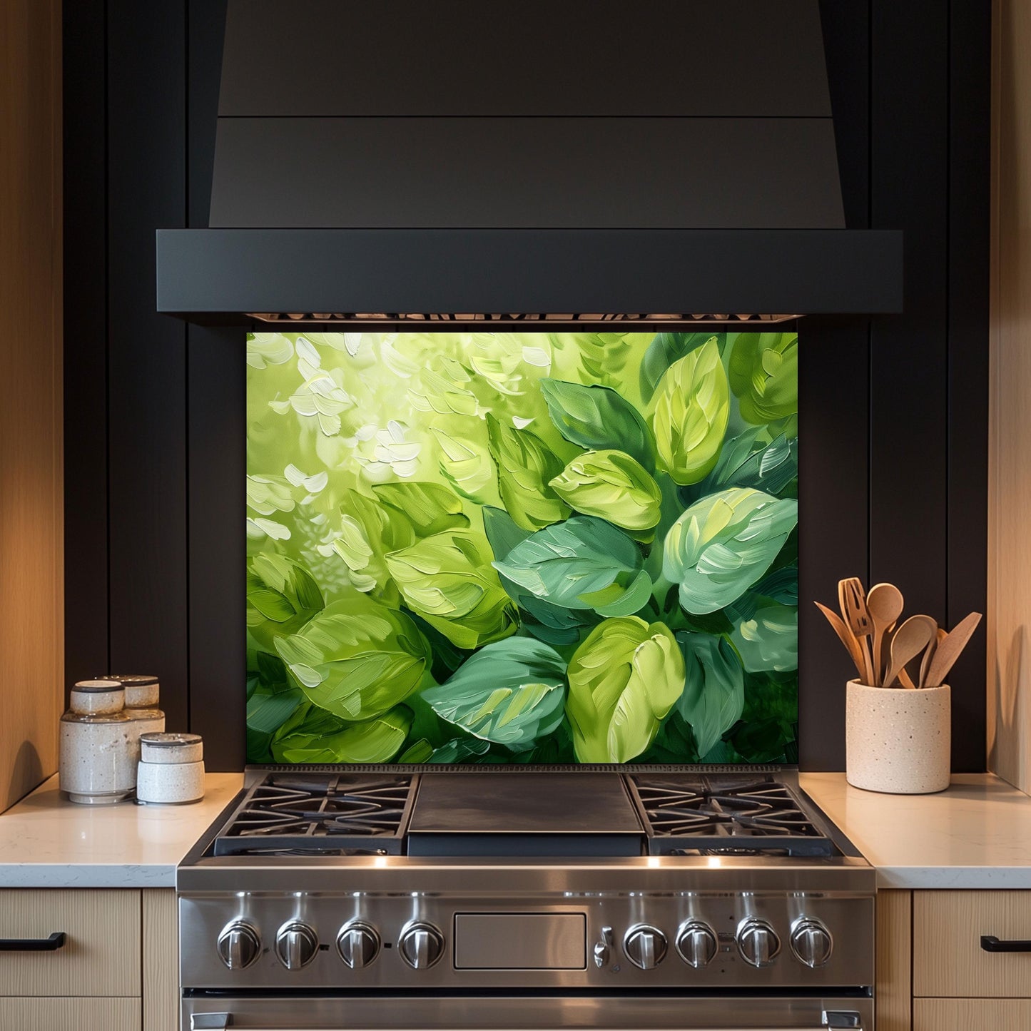Green Leaf Glass Backsplash, Botanical Nature Stove Guard, Custom Size Kitchen Art