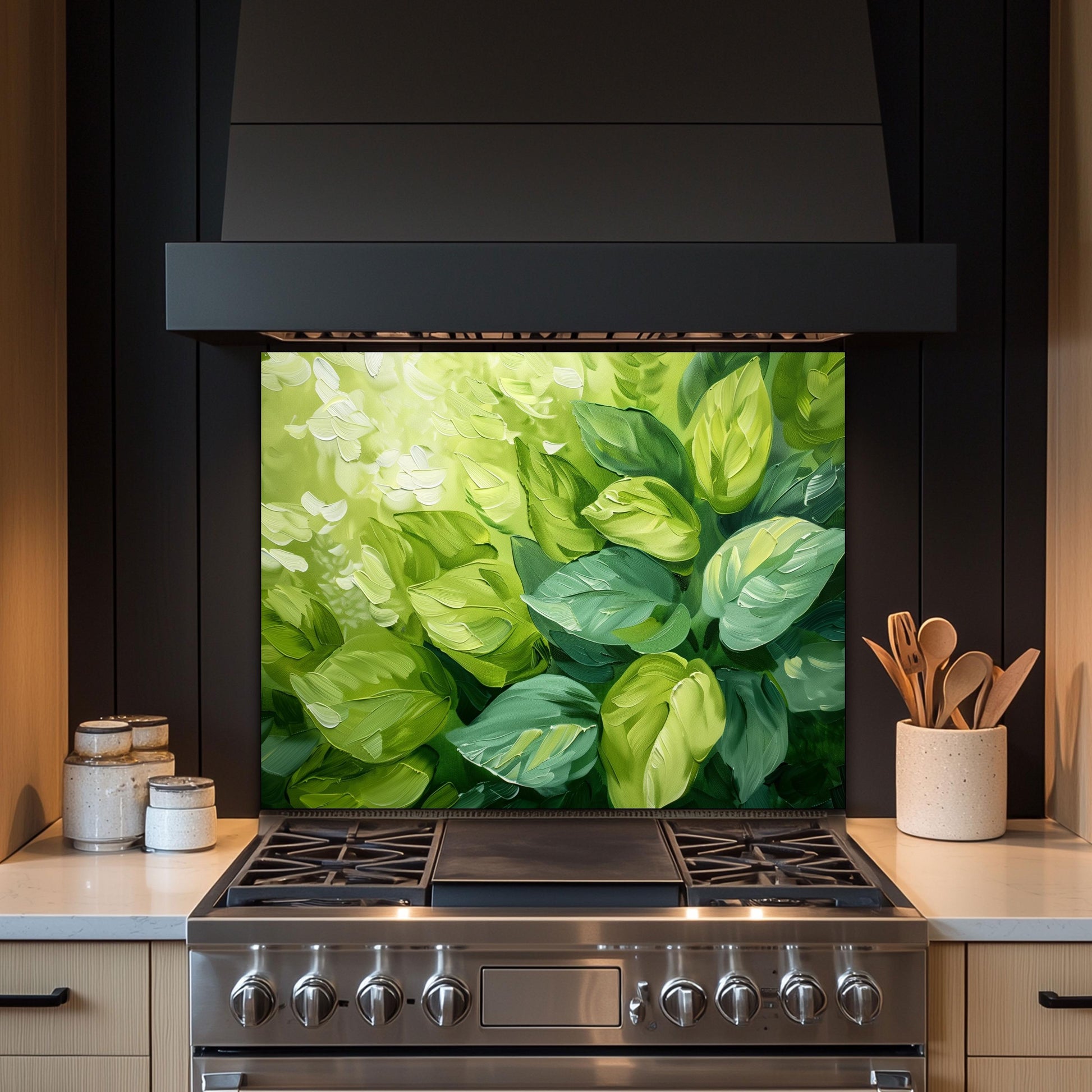 Green Leaf Glass Backsplash, Botanical Nature Stove Guard, Custom Size Kitchen Art