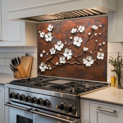 Tempered Glass Kitchen Backsplash: Copper Cherry Blossom Design