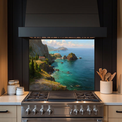 Tempered Glass Coastal Backsplash: Mountain Sunrise Kitchen Wall Art