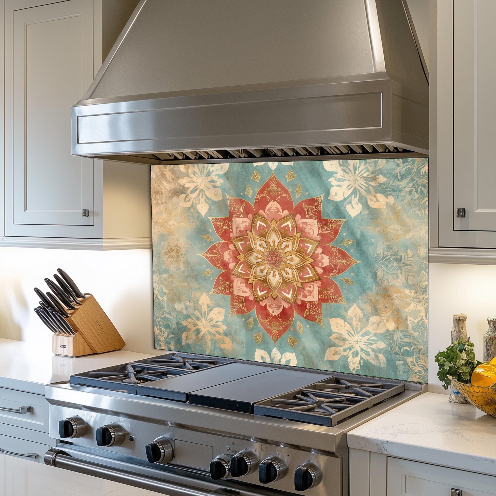 Moroccan Style Glass Backsplash, Blue Floral Stove Guard, Heat Resistant Easy Clean Kitchen Art
