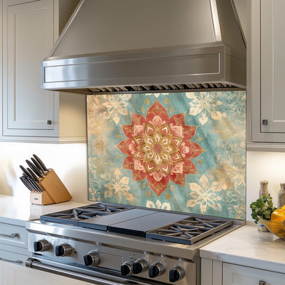 Moroccan Style Glass Backsplash, Blue Floral Stove Guard, Heat Resistant Easy Clean Kitchen Art