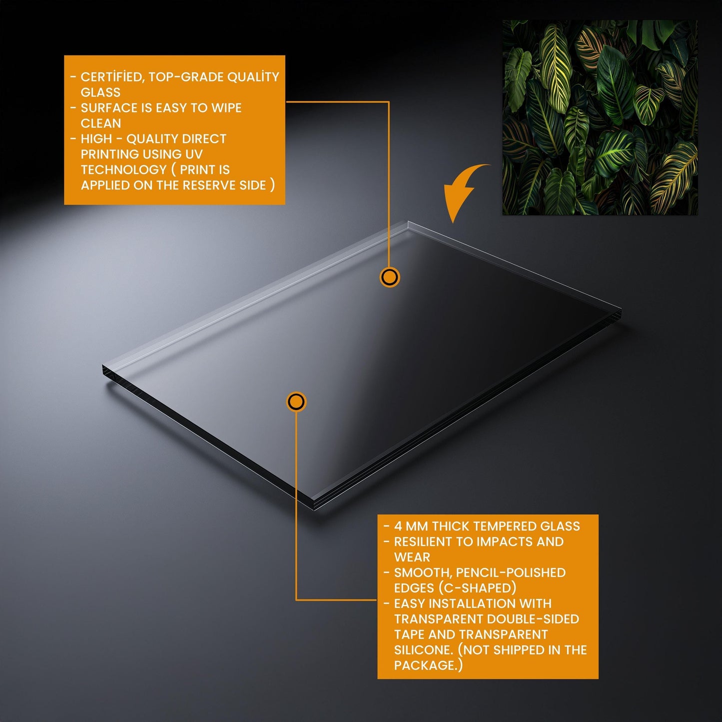 Tropical Jungle Leaf Tempered Glass Backsplash: Botanical Kitchen Wall Panel
