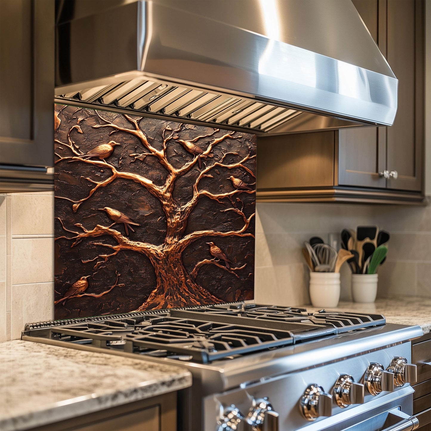 Tempered glass backsplash, copper tree and birds design, heat-resistant wall protector, rustic kitchen wall protector, easy clean stove backsplash, nature-inspired wall art, kitchen wall protector