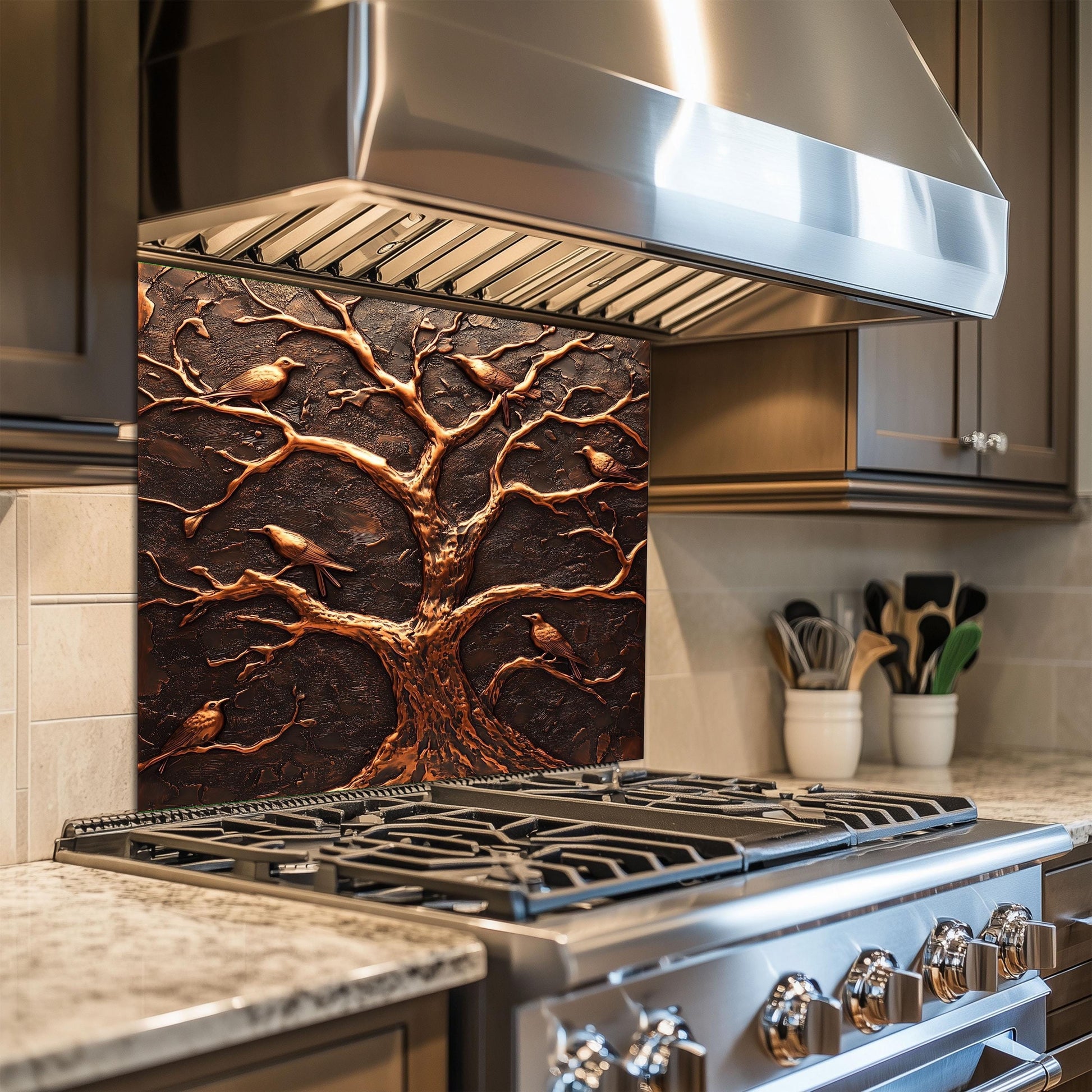 Tempered glass backsplash, copper tree and birds design, heat-resistant wall protector, rustic kitchen wall protector, easy clean stove backsplash, nature-inspired wall art, kitchen wall protector