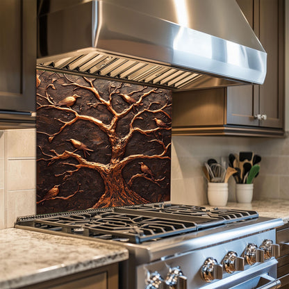 Tempered glass backsplash, copper tree and birds design, heat-resistant wall protector, rustic kitchen wall protector, easy clean stove backsplash, nature-inspired wall art, kitchen wall protector